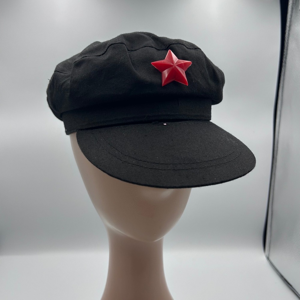 Black Cotton Cadet Hat Red Star Military Style Flat Top Cap 52cm